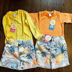 Rugged Butts 5T swim trunks and orange short sleeve rash guard